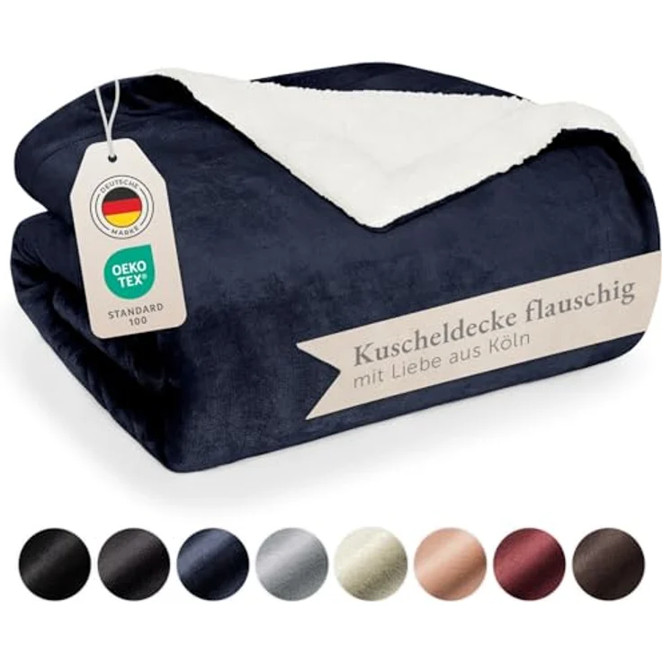 Blumtal Premium Sherpa Kuscheldecke flauschig - Wohndecke Kuscheldecke 130x150 cm - Oeko-TEX zertifizierte Fleecedecke 130x150 cm - Wohn- & Kuscheldecke - Wohndecke 130x150 cm in Dark Ocean - Blau – Bild 2
