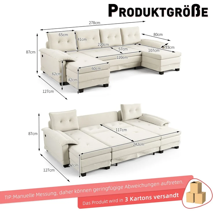 ZUBALIYA Schlafsofa 127x87 cm, mit USB - Anschluss, mit Ausziehbett, mit Chenille - Bezug, mit Samtbezug, modular aufgebaut, Weiß – Bild 10