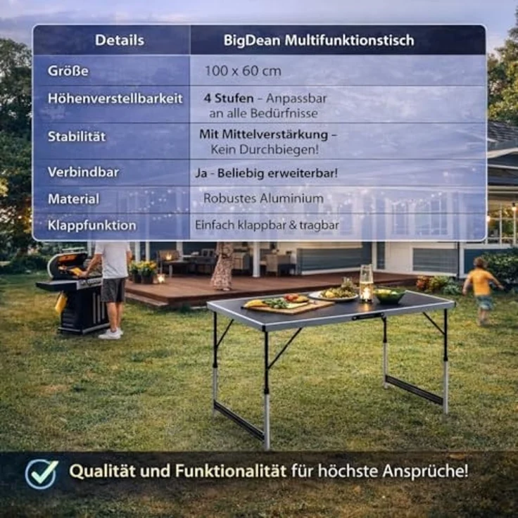 BigDean Klapptisch Stabiler Multifunktionaler höhenverstellbarer klappbarer Campingtisch (Packung, 1-St, Klapptisch), 4-fach Höhenverstellbar, 30kg Belastbar, 0,6qm Fläche – Bild 7