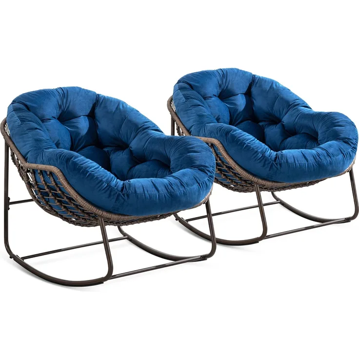 LVHOM Schaukelstuhl mit gepolstertem Kissen, Rattanstuhl mit Stahlrahmen, Lounge Sessel, Schaukelsessel, 2 St, für Balkon/Garten/Wohnzimmer/Schlafzimmer