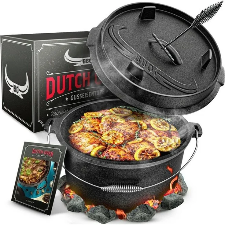 Amandi Feuertopf BBQ Dutch Oven Feuertopf - Gusseisen Set 7L für Grill & Lagerfeuer, Gusseisen, Voreingebrannt inklusive Deckelheber und E-Book – Bild 4