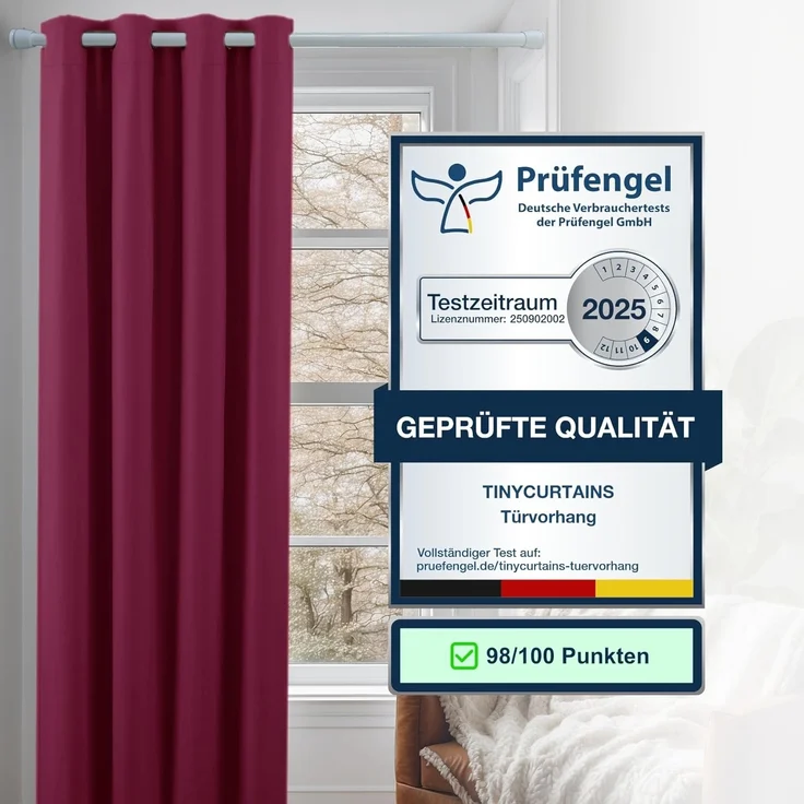 tinycurtains Türvorhang mit Stange weiß 70-120 cm Thermo Vorhang ohne Bohren, blickdicht, Ösen, verdunkelnd, Polyester, bordeaux rot Berry, Türgardine mit Klemmstange Raumtrenner Vorhang Tür – Bild 4