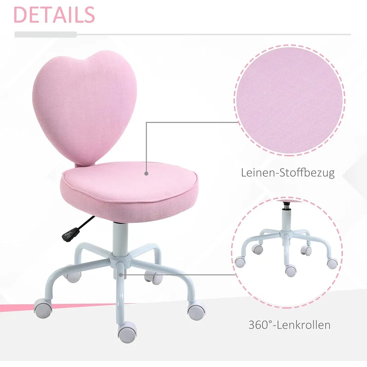 HOMCOM Bürostuhl Höhenverstellbarer Schreibtischstuhl mit Rollen (Computerstuhl, 1 St), Rosa Leinenstoff 42 x 50 x 79-89 cm – Bild 6