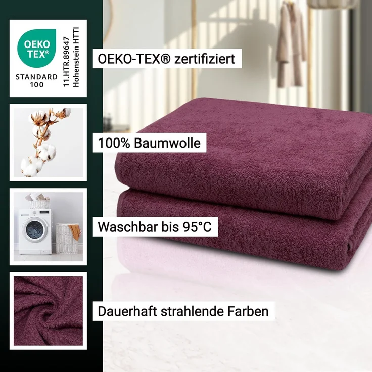 ZOLLNER 2er Set Badetücher, 100% Baumwolle, 100x150 cm, 420g/qm, violett – Bild 3