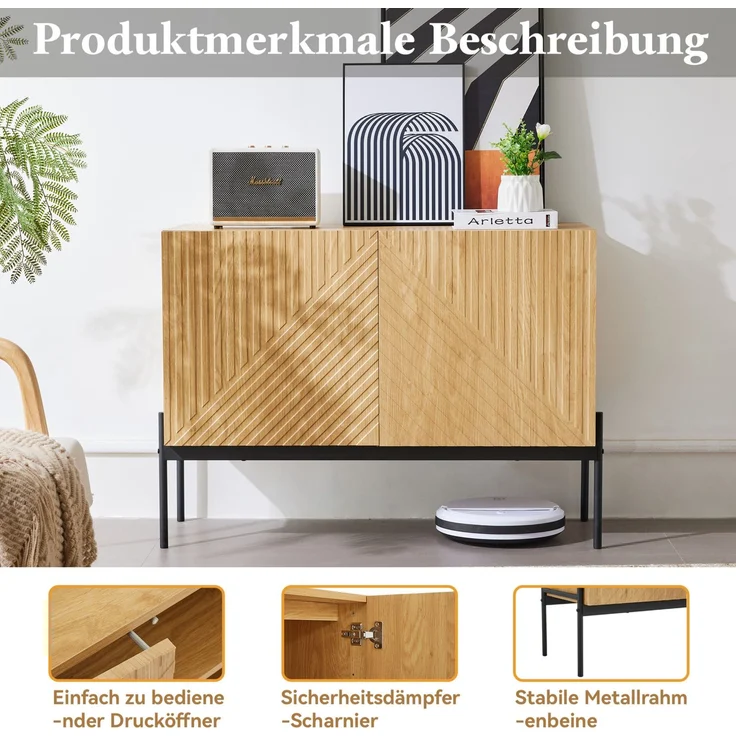 DESVIAE Sideboard mit verstellbarem Einlegeboden, 100x75x40 cm, Spanplatte und Metallrahmen, Natur – Bild 4