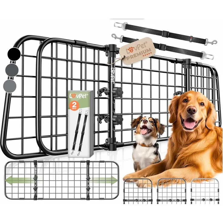 LovPet® Hundegitter Auto, Autoschutzgitter Trenngitter Universal, verstellbare Breite, Kopfstütze Kofferraum Autogitter Maße HxB 30 x 91-153 cm Kofferraumgitter,+ 2x Sicherheitsgurt für Hunde Schwarz