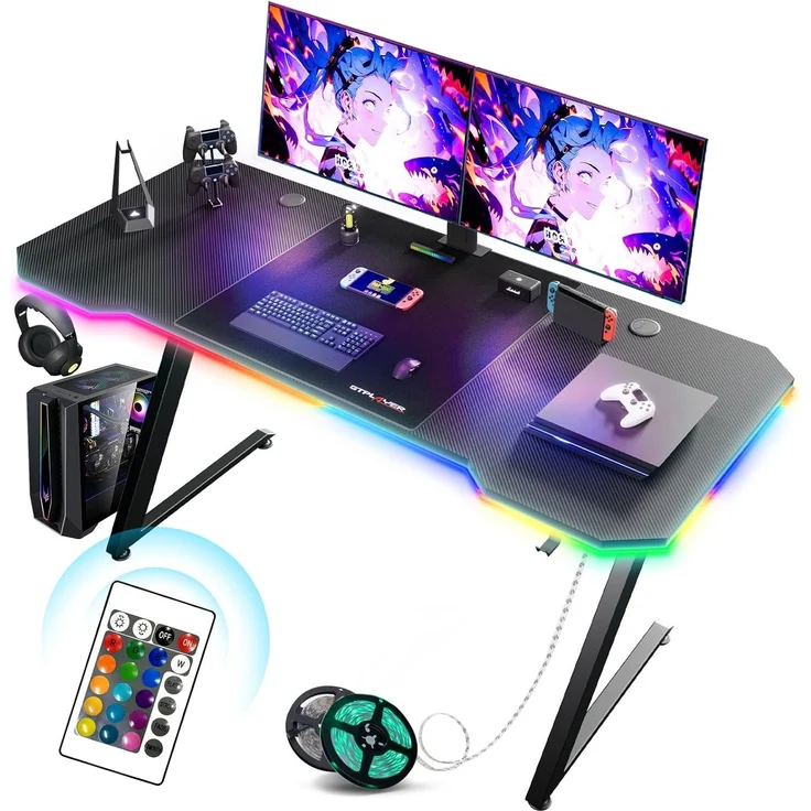 GTPLAYER Schreibtisch Gaming Tisch Schreibtisch mit Mauspad PC Tisch Kohlefaseroberfläche, Stabiler Computertisch mit Kopfhörerhaken, Schwarz – Bild 1