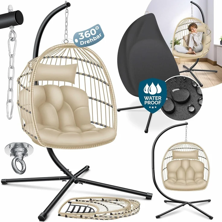 KESSER® Hängesessel Jungle mit Gestell Stahl Hängekorb Sessel Inkl. Großen Kissen + Decken Halterung - Hängeschaukel Hängesitz Indoor - Outdoor Schaukel Hängestuhl für Kinder und Erwachsene Beige – Bild 1
