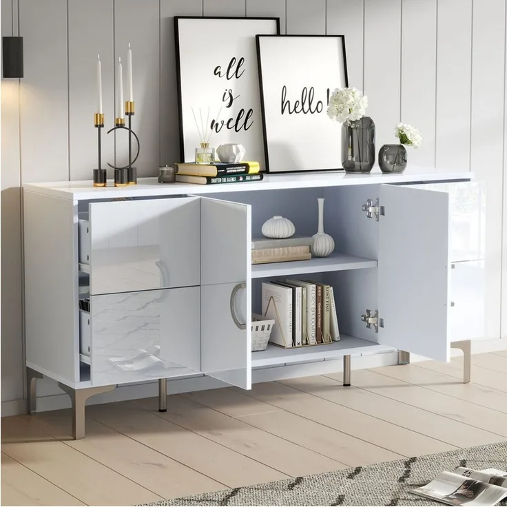 MODFU Sideboard in Hochglanz Weiß mit 4 grifflosen Schubladen (Packung, 1 St, Vielseitig als Esszimmerschrank oder schlichte Kommode nutzbar), 150x59,5x38 cm, stabil auf schlanken Metallstützfüßen