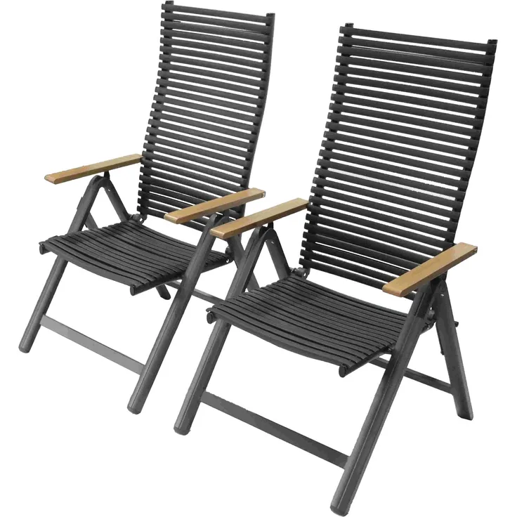 LECO 2er-Set Klapp-Funktionssessel JUNO, Aluminiumgestell, Armlehnen in Holzoptik, Anthrazit, 59x74x117 cm