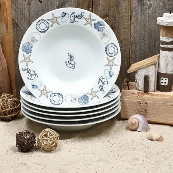 MamboCat Suppenteller 6x Neptun Suppenteller Porzellan tiefe Teller Pasta maritim Anker – Bild 2