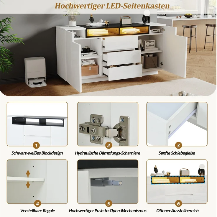 DESVIAE Sideboard mit LED-Beleuchtung und 3 Schubladen 140x68x40 cm Spanplatte Weiß/Schwarz – Bild 6