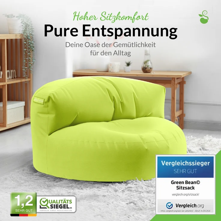 Green Bean® Sitzsack Sofa mit Füllmaterial - Lounge im Sitzsack-Design 90x50cm mit ergonomischer Rückenlehne & waschbarem Bezug - Indoor und Outdoor geeignet in Hellgrün – Bild 2