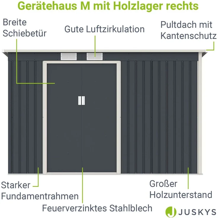 Juskys Metall Gerätehaus M mit Holzunterstand rechts, Schiebetür, Lüftungsgitter, Fundament - Geräteschuppen Gartenhaus Metallgerätehaus Holzregal – Bild 3