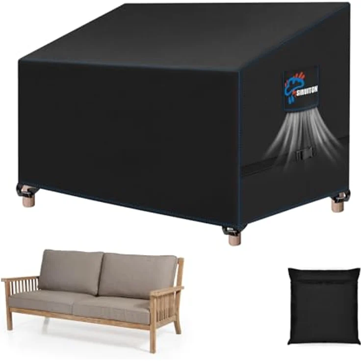 SIRUITON 2-Sitzer Gartenbank Abdeckung mit Belüftungsöffnungen, wasserdicht, winddicht, UV-Beständiges, reißfestes Schwerlast 420D Oxford Gewebe Schutzhülle für Gartenbank, Gartensofa(131 x 69 x 65/89 cm) – Bild 2