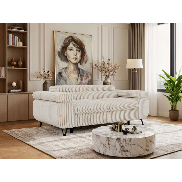 2-Sitzer Polstercouch PETER mit verstellbaren Armlehnen und Kopfstütze, Gepolsterte Couch, Wellenfeder - Beige Cord – Bild 1