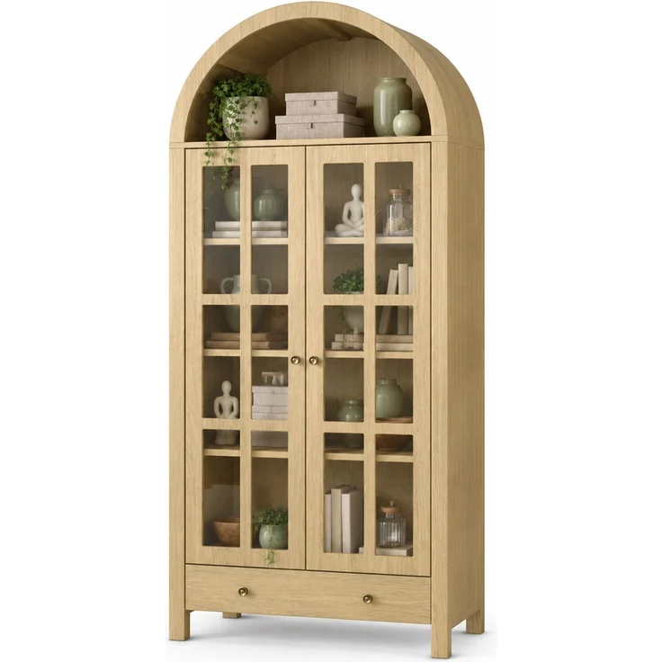 Vitrine 75x35x170,5 cm mit Bogenfach, Acryl-Türen und Schublade, naturfarben – Bild 7