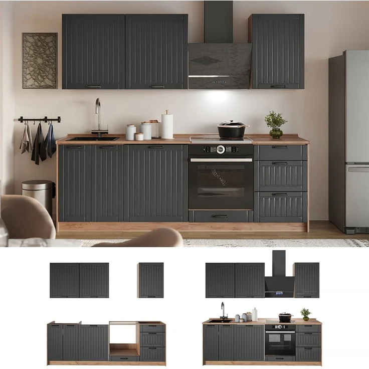 Küchenzeile Fame-Line Dunkelgrau/Goldkraft Eiche 230 cm, AP Marmor Vicco – Bild 4