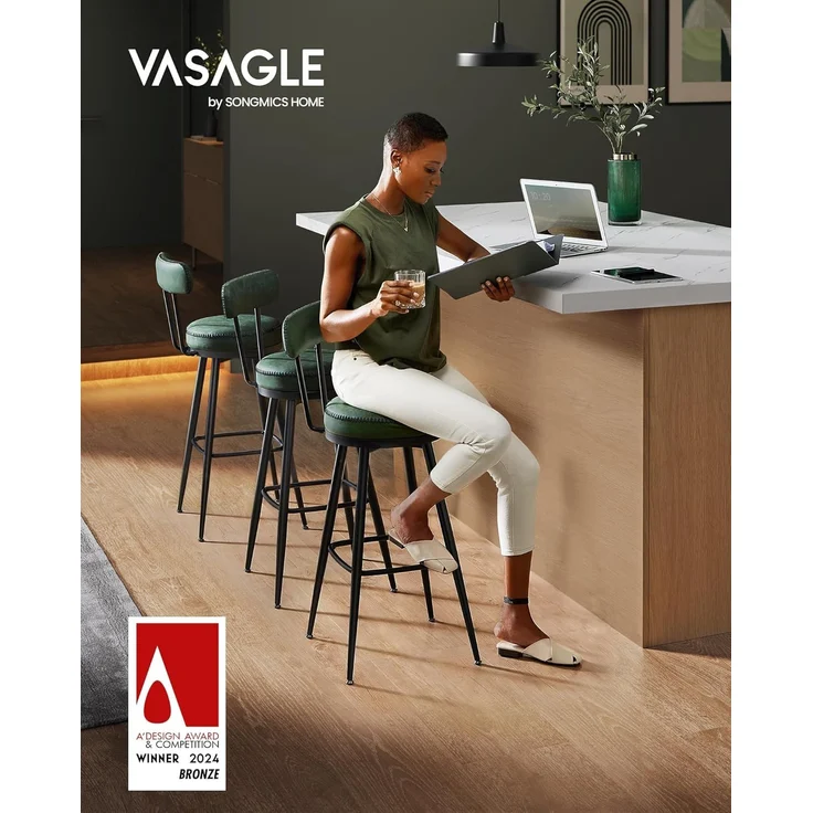 VASAGLE EKHO Kollektion - 360° drehbarer Barhocker, 2er Set, Hocker mit Rückenlehne für Bartisch, Kunstleder mit Nähten, Mid-Century-Modern-Stil, 76 cm hoch, Küche, Hausbar, waldgrün – Bild 4