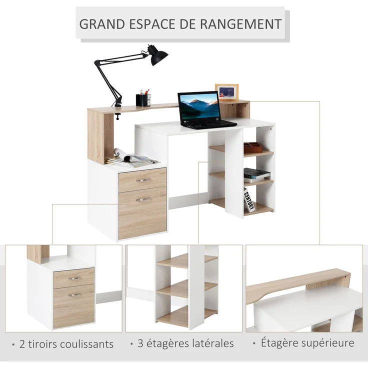 Computerschreibtisch mit 2 Schubladen, Schreibtisch mit Stauraum, 137 x 55 x 92 cm, offene Regale und Ablage – Bild 7