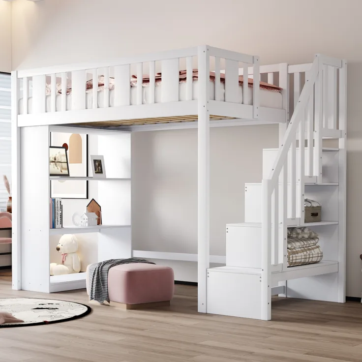 Hochbett Kinderbett mit Stauraumtreppe Hochbett mit mehreren großen Staufächern Funktionsbett Kinderbett Jugendbett Holz Weiß 90 x 200 cm