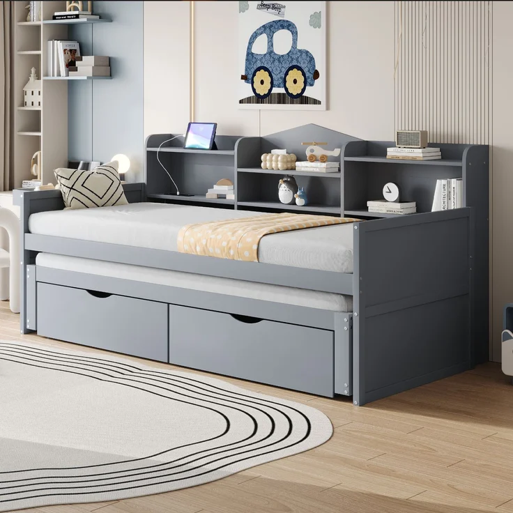 Schlafsofa mit Sitz- und Liegefläche 90x200 cm, Grau, Ausziehbett 90x190 cm und Stauraum – Bild 2