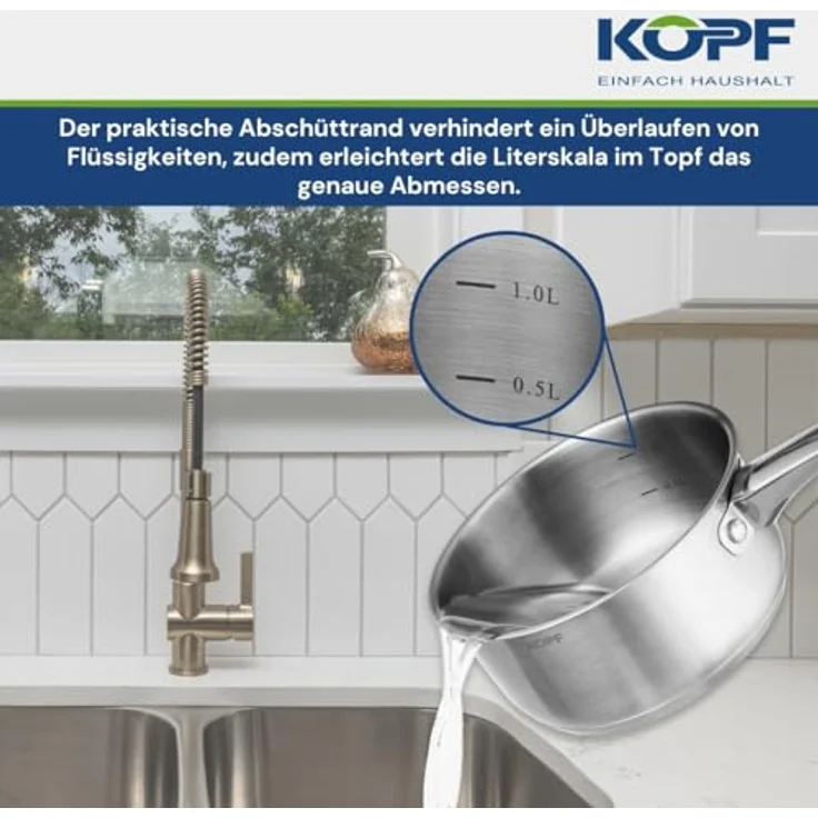 Kopf Topf-Set Clara, Edelstahl, 10-teilig mit 4 Kochtöpfen, Bratpfanne, Schmorpfanne, Stielkasserolle und 3 Glasdeckeln, für alle Herdarten inkl. Induktion, spülmaschinengeeignet und backofenfest – Bild 7