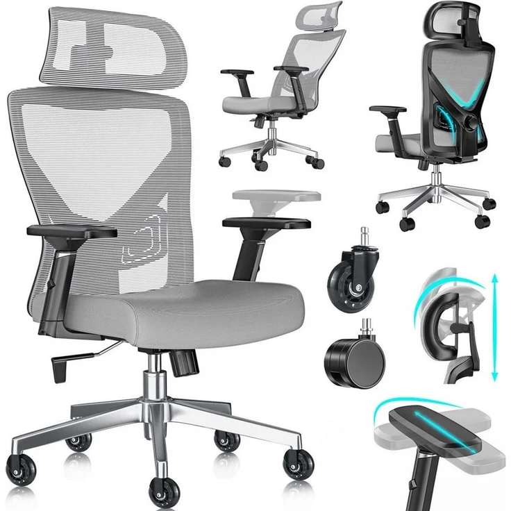 KESSER® Bürostuhl mit verstellbaren Armlehnen | Drehstuhl mit Lendenwirbelstütze Rückenschonend | Schreibtischstuhl ergonomisch mit Kopfstütze | Office Chair Wippfunktion bis 125° mit 5x Gummirollen Grün / Silber – Bild 1