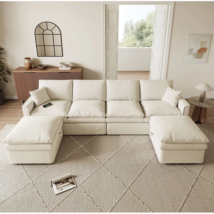 Ecksofa 277x135x80 cm, modulares 6-Sitzer Sofa in Beige mit Stauraumhockern und USB-Anschluss – Bild 4