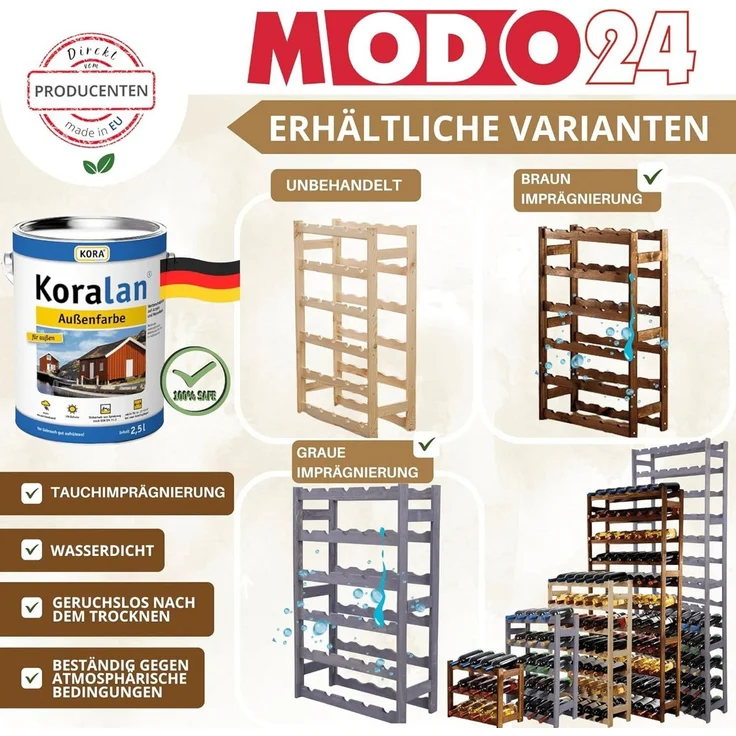 Modo24 Weinregal Flaschenregal Holzregal Flaschenständer Varianten 12 bis 91 Flaschen, RW1 Getränkeregal, 3 Farben, FSC Holz Nachhaltig – Bild 2