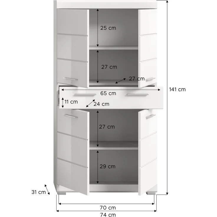 Xonox Scout Badmidischrank (B/H/T: 74x141x31 cm) in weiß Nachbildung und weiß Hochglanz tiefzieh – Bild 4