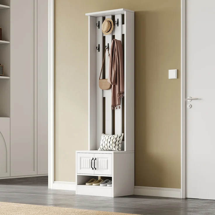 Schuhschrank mit Sitzfläche und Stauraum, multifunktionaler Schrank, Kleiderschrank Garderobenschrank Dielenschrank mit Türen und schwarzem Griff – Bild 2