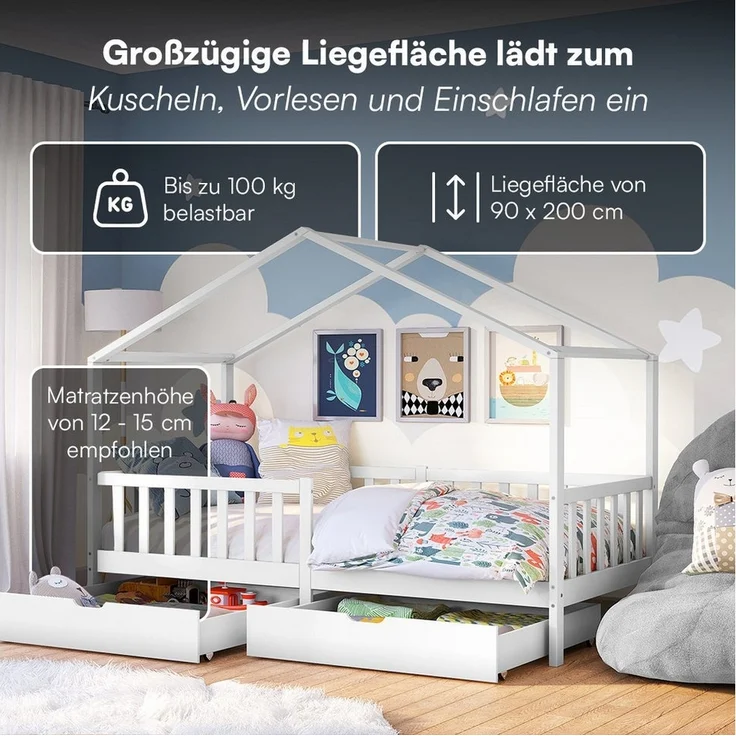 Bellabino Kinderbett Bia mit Rausfallschutz & Lattenrost (weiß, mit zwei Schubladen), Kinderbett aus Kiefernholz, verfügbar in 80x160/90/120/140x200 cm – Bild 3