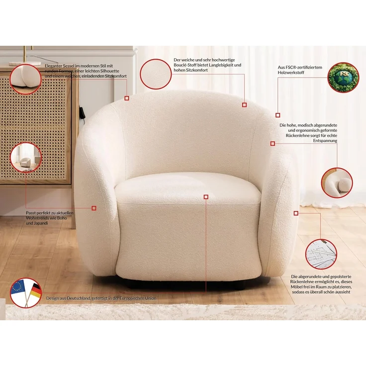 S-Style Möbel Polstergarnitur 3+2+1 Roundi, Bouclé, Luxus & Moderne Kollektion – Bild 8