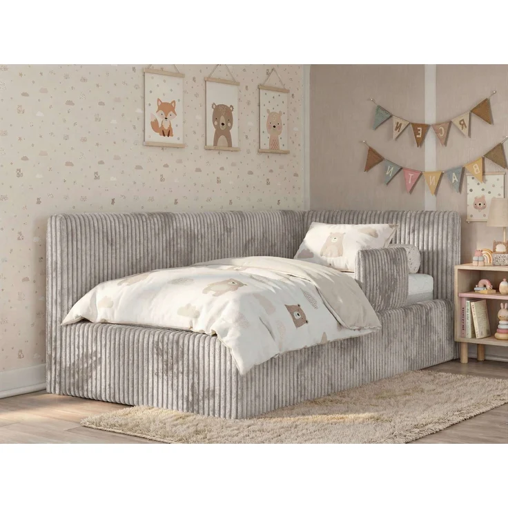 Kinderbett, Polsterbett 90x200 TILVO ALTA mit Rausfallschutz & Bettkasten, Gasdruckfeder-Lift, inkl. Lattenrost, Matratze wählbar - Hellbraun Cord - VIRE LUX - Rechts Seite – Bild 1