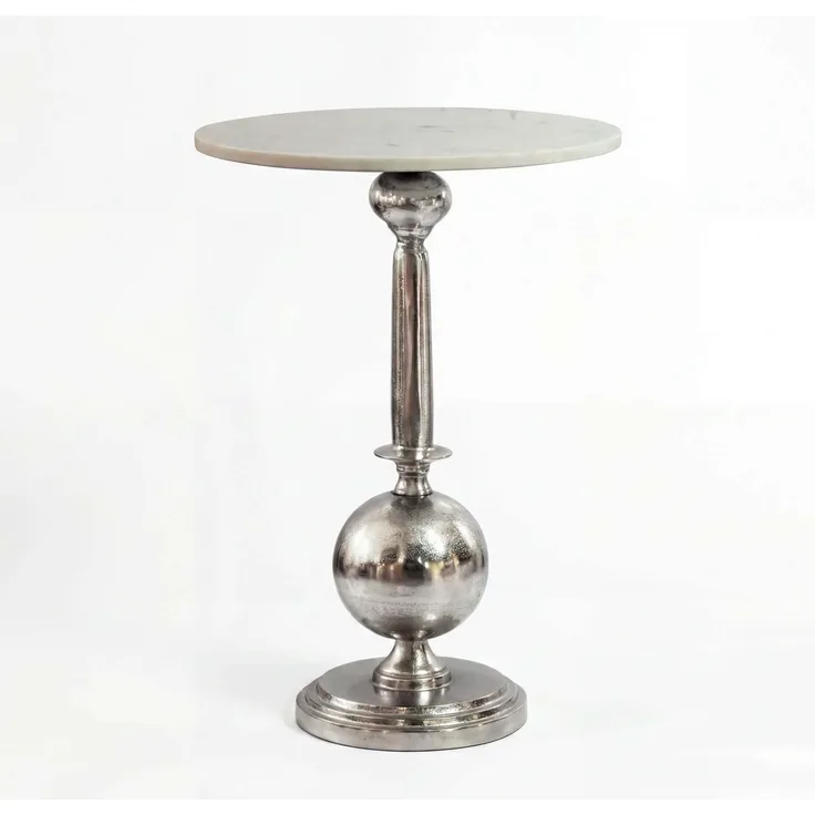 Beistelltisch Rund 40x40cm Silber mit massiver Marmorplatte Weiß - Design Anstelltisch Metall Naturstein - Loungetisch Couchtisch Art Déco - Sofatisch Wohnzimmertisch Handmade