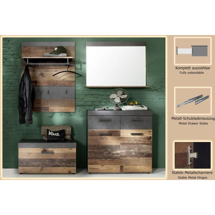 Garderobenset Foundry 4-teilig in Used Wood Shabby und Matera grau 185 cm – Bild 5
