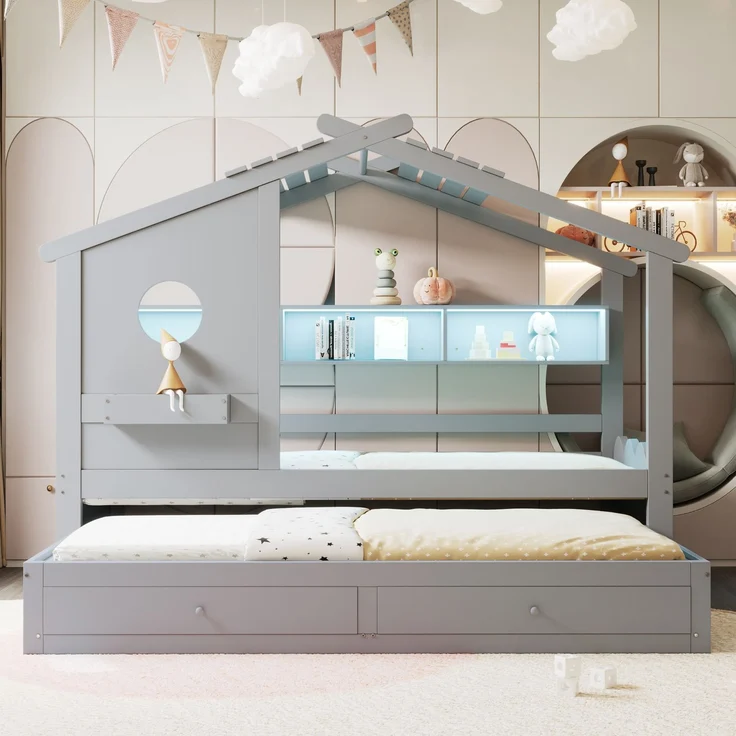Merax Kinderbett, Jugendbett, 90x200cm, mit Ausziehbett 90x190cm, mit 2 Schubladen, mit USB- und Typ-C-Ladeanschlüssen und LED, mit Einlegeböden, Grau – Bild 3