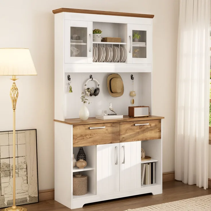 Großer Küchenbuffet Schrank mit Stauraum, Küchenschrank mit Vitrinenfächern, 2 Schubladen, Türen und Hakenleiste – Moderner Buffetschrank für Küche, Esszimmer & Flur, 106 × 39 × 176,5 cm--Natur, Weiß--106x39x176.5cm--YOUDENOVA