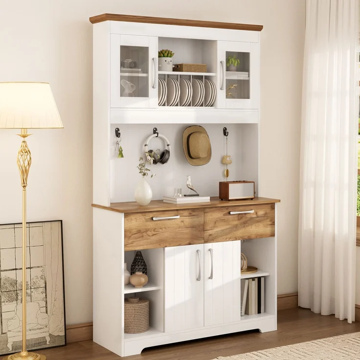 Großer Küchenbuffet Schrank mit Stauraum, Küchenschrank mit Vitrinenfächern, 2 Schubladen, Türen und Hakenleiste – Moderner Buffetschrank für Küche, Esszimmer & Flur, 106 × 39 × 176,5 cm--Natur, Weiß--106x39x176.5cm--YOUDENOVA – Bild 1