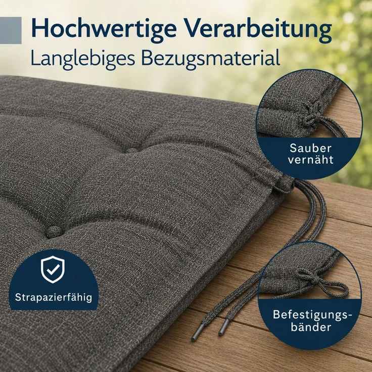BURI 6x Hochlehner Auflage 120x50x5,5 cm - wetterfeste Gartenstuhlauflage mit Schaumkern & Vollvlies, Halteband & Bindebänder, bequemes Stuhlpolster für Balkon, Terrasse & Garten (Anthrazit/Grau) – Bild 6