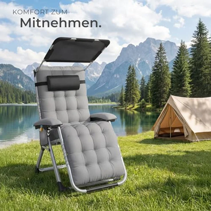tectake® Sonnenliege klappbar, Liegestuhl, Gartenliege mit Sonnendach, Outdoor Sessel für Balkon oder Garten, Liege mit extra Dicker Auflage, Relaxliege belastbar bis 200kg - hellgrau – Bild 3