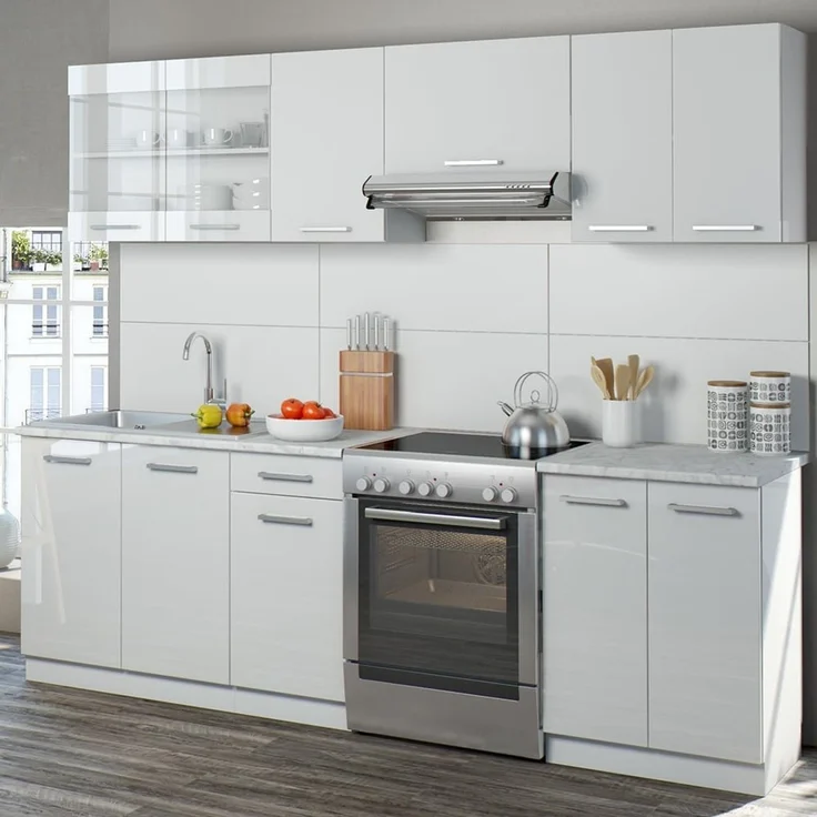 Küchenzeile R-Line Weiß Hochglanz/Weiß 240 cm, AP Marmor mit LED-Leisten Vicco – Bild 2