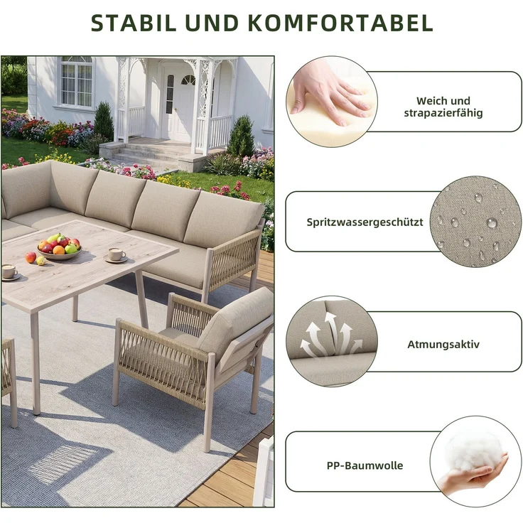 Merax Gartenlounge-Set 6 teilig für 7-8 Personen, Gartenmöbelset mit Kissen, Tisch mit Holzoptik-Glasplatte, Sofagarnitur Terassenmöbelset, Beige – Bild 7