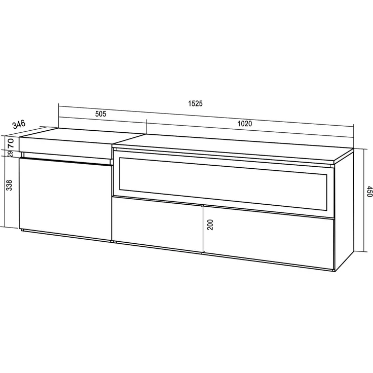 Skraut Home | TV-Schrank, Lowboard | für Wohnzimmer und Esszimmer | 150 x 45 x 35 cm | Für TV-Geräte bis zu 65" | Elektrokamin. Maße | Moderner Stil | Eiche Schwarz – Bild 3