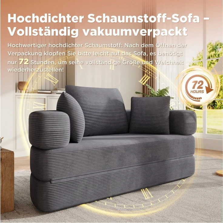 Merax Schlafsofa mit Schlaffunktion, Multifunktionales Sofa mit Hocker, Boneless Couch, Klappsofabett für Wohn/Arbeits/Schlafzimmer 1 Teile, 2-in-1 Sofa-Bett mit Cordstoffbezug inkl. 3 Kissen, 173x176cm – Bild 4