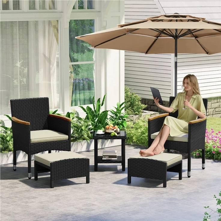 Yaheetech Gartenlounge-Set mit Sessel, Fußhocker & Kaffeetisch, Rattan-Optik, Schwarz & Beige – Bild 2