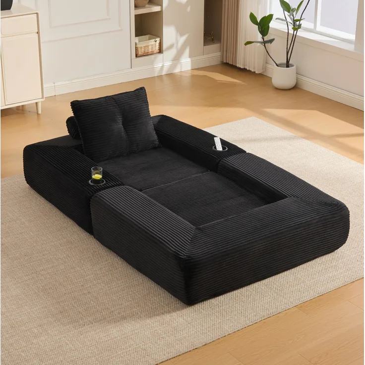 Klappsofa aus Cord mit Federkern, Getränkehalter, 122x98x80 cm, Schwarz