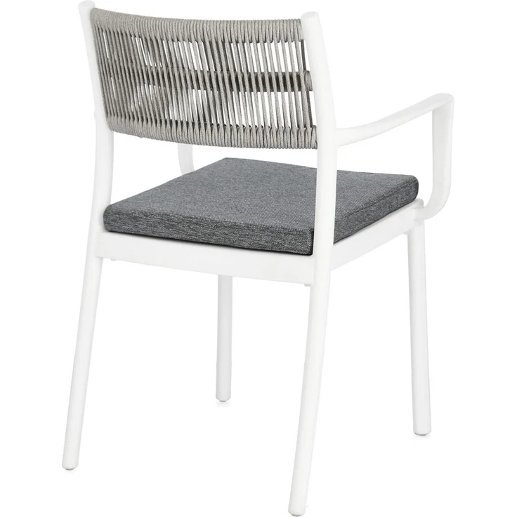 Gartenstuhl Alvin mit Armlehne, Metall und Stoff, modern und stapelbar, weiß hellgrau, inkl. Kissen – Bild 5