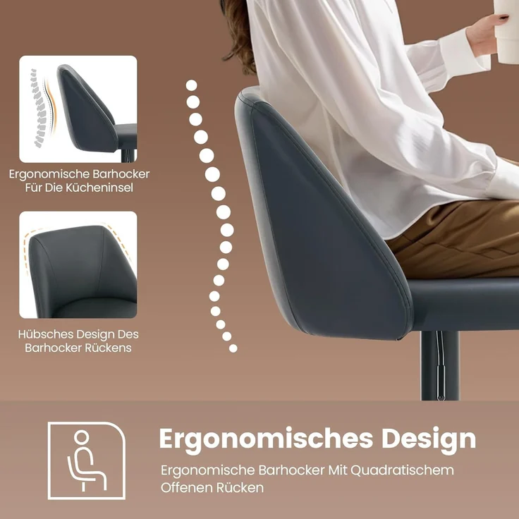 COLAMY 360° Drehbarer Höhenverstellbarer Barhocker 2er Set, Moderne Kücheninsel Barstühle mit Rückenlehne, PU-Kunstleder Barstühle mit Fußstütze – Geeignet für Küche, Bar, Esszimmer, Büro, Schwarz – Bild 5